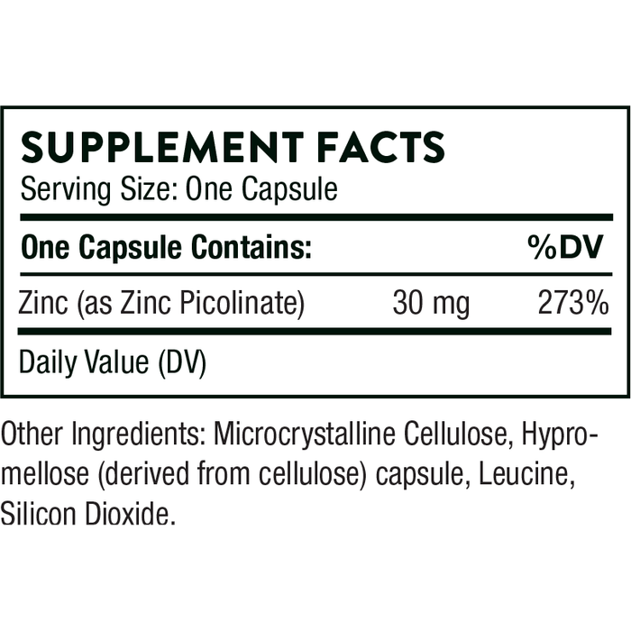 Thorne Zinc Picolinate 30 mg NSF 60 capsules supplement facts panel, close-up