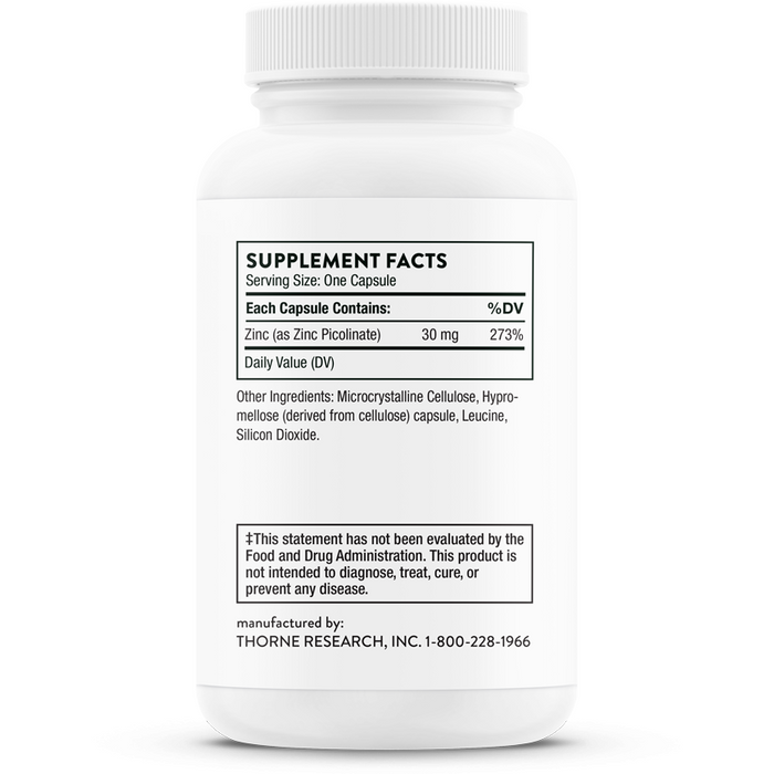 Thorne Zinc Picolinate 30 mg NSF 60 capsules supplement facts label