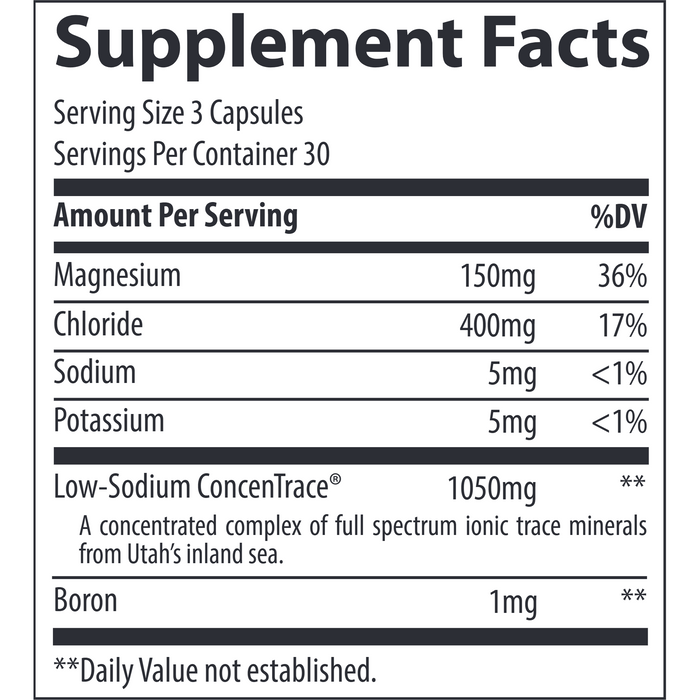 Trace Minerals Research ConcenTrace Trace Mineral 90 capsules supplement facts label