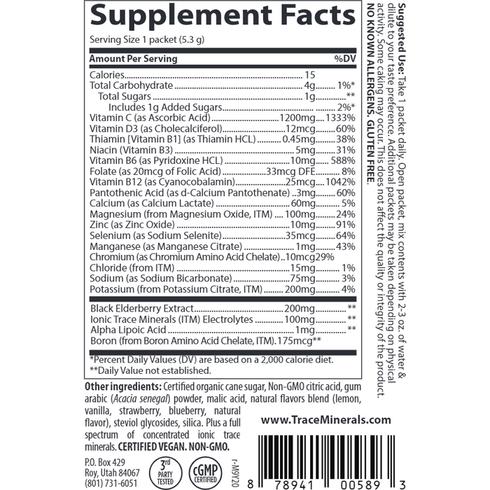 Trace Minerals Research Electrolyte Stamina PowerPak + Immunity 30 packets supplement facts label
