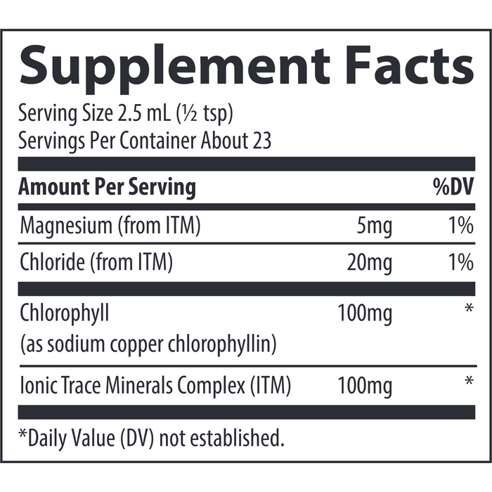 Trace Minerals Research Ionic Chlorophyll Liquid 2 fl oz supplement facts label