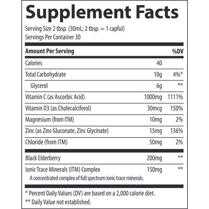 Trace Minerals Research Liquid Immunity+ 30 fl oz supplement facts label