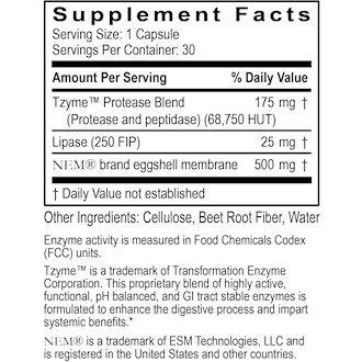 Transformation Enzymes Joint Health 30 capsules supplement facts label