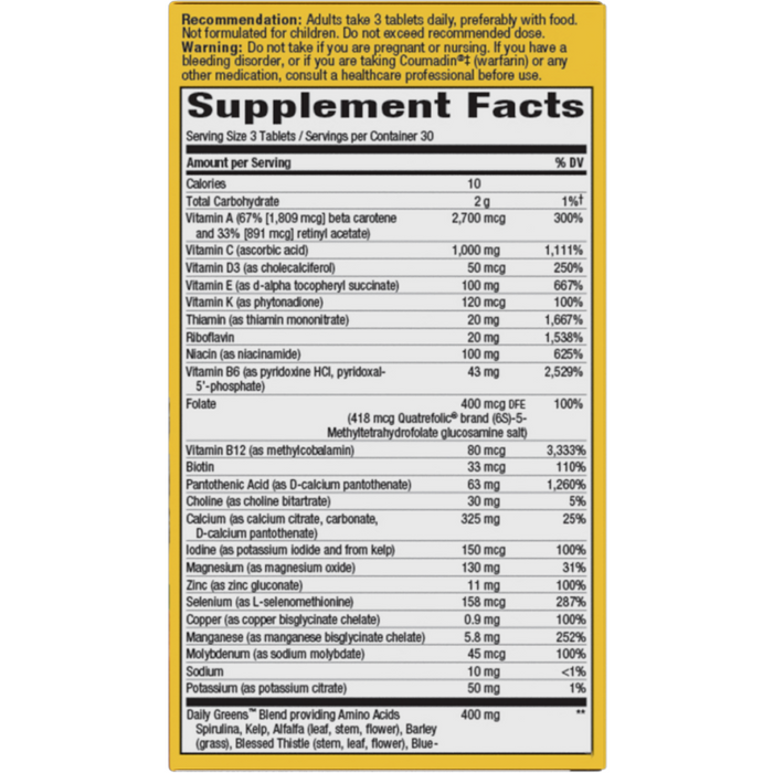 Alive! Max3 Daily Multi 90 Tabs by Nature's Way Supplement Facts Label