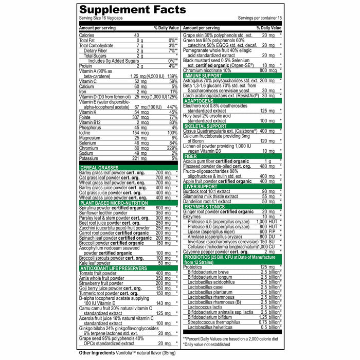 Vibrant Health Green Vibrance 240 vegetable capsules supplement facts label