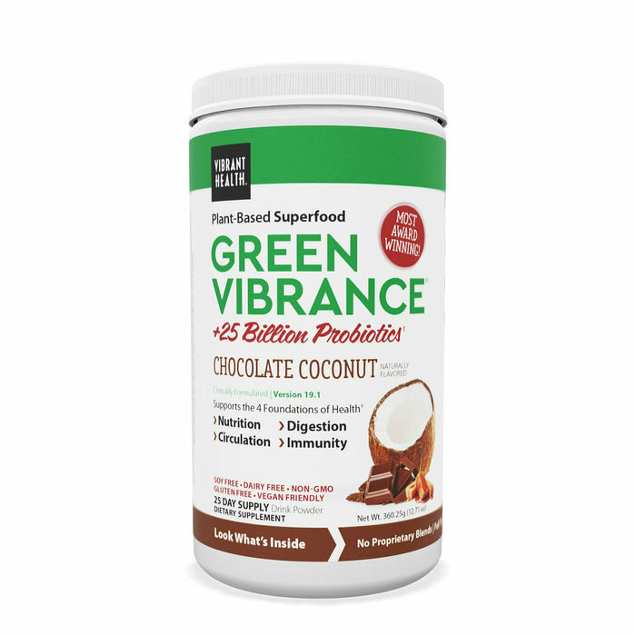 Vibrant Health Green Vibrance Chocolate Coconut, 25 servings, front of jar