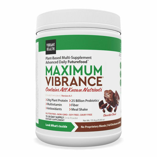 Vibrant Health Maximum Vibrance Chocolate, 15 servings, front of jar