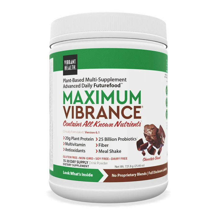 Vibrant Health Maximum Vibrance Chocolate, 15 servings, front of jar