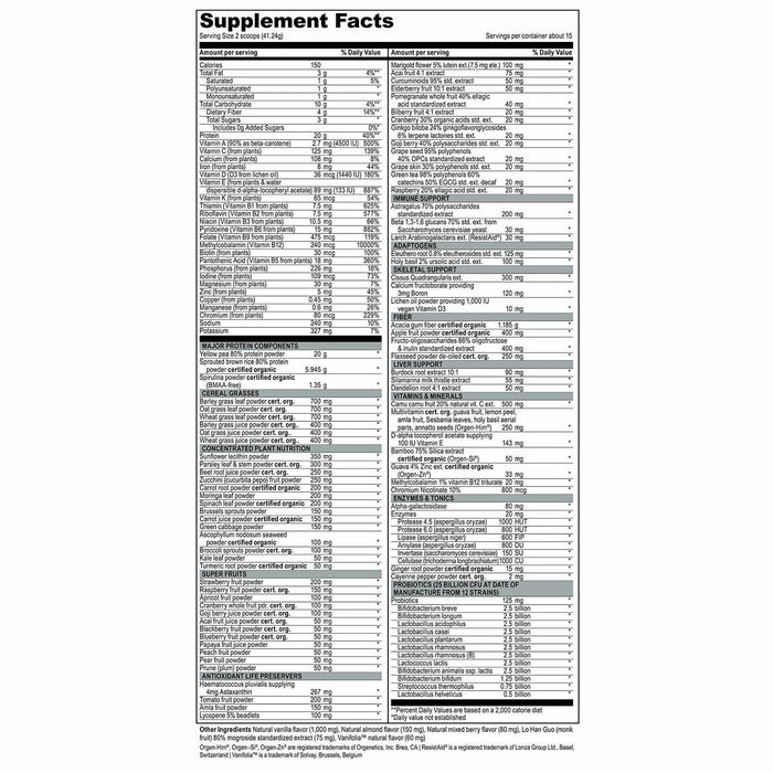 Vibrant Health Maximum Vibrance Vanilla 15 servings supplement facts label