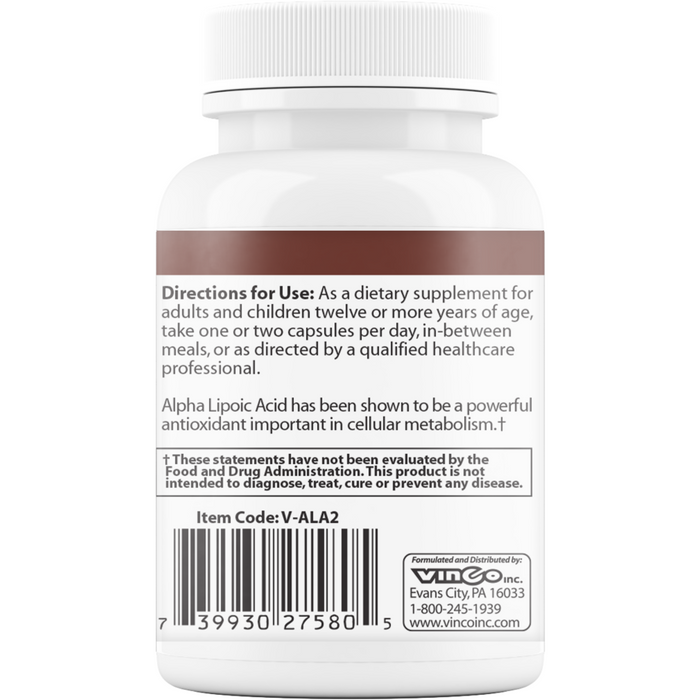 Vinco Alpha Lipoic Acid 500 mg 60 capsules suggested use label