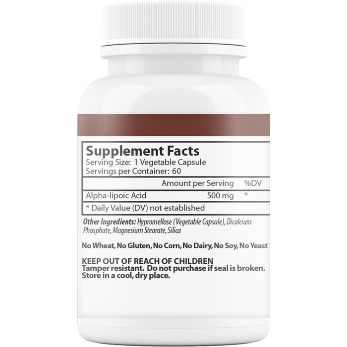 Vinco Alpha Lipoic Acid 500 mg 60 capsules supplement facts label