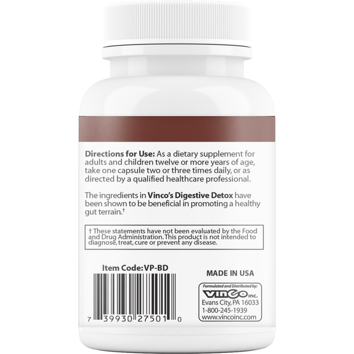Vinco Digestive Detox 60 capsules suggested use label