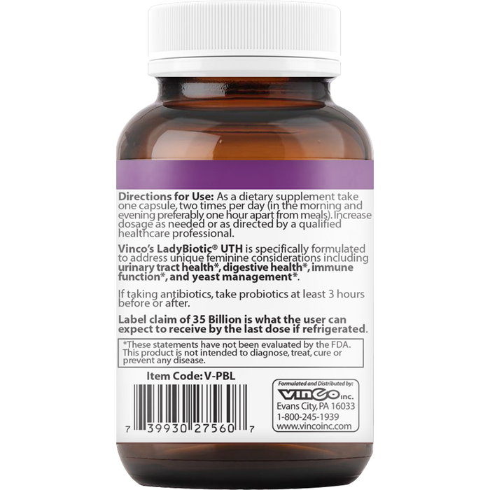 Vinco LadyBiotic UTH 60 capsules suggested use label