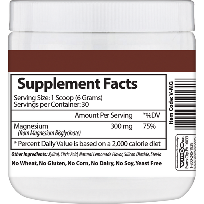 Vinco Magnesium Bisglycinate 6.35 oz supplement facts label