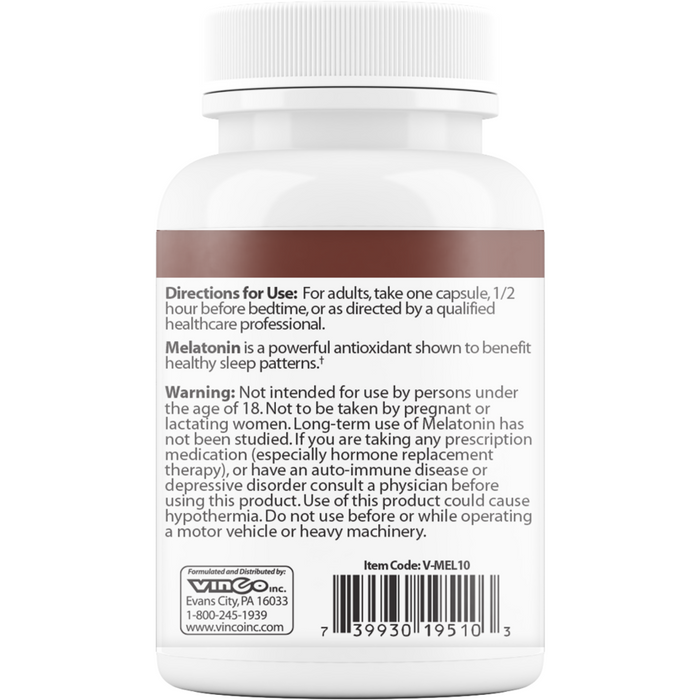 Vinco Melatonin 10 mg 60 capsules suggested use label