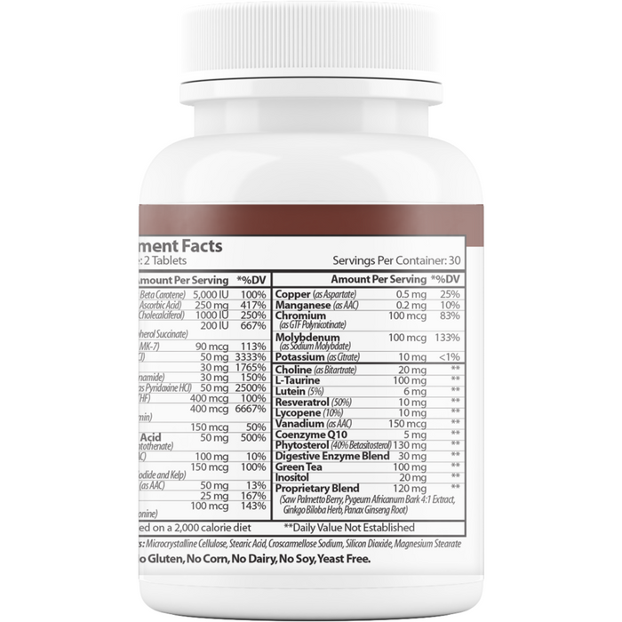 Vinco MultiMen's with Digestive Enzymes 60 tablets supplement facts label, second view