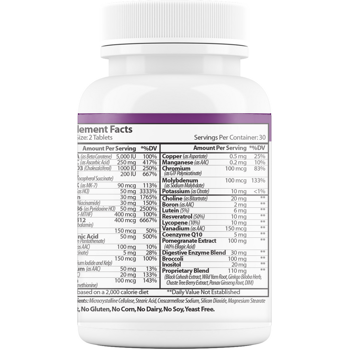 Vinco MultiWomen's with Digestive Enzymes 60 tablets supplement facts label, second view