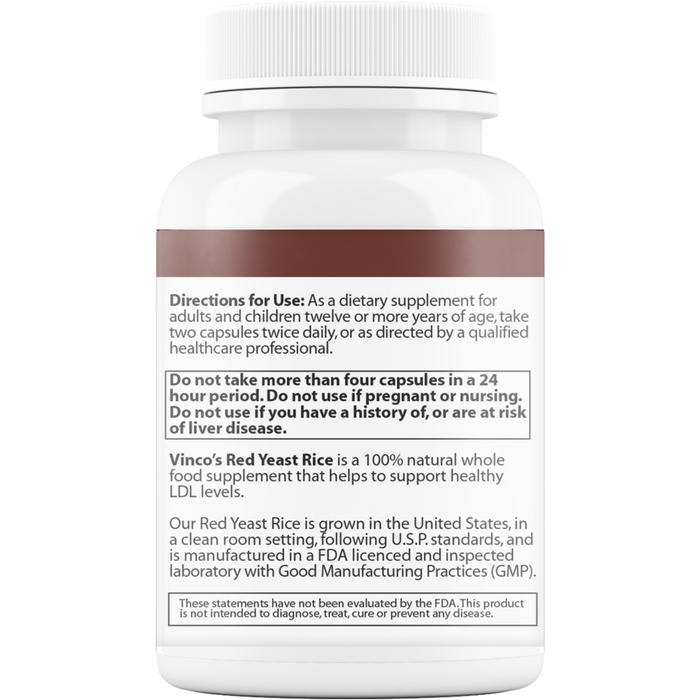 Vinco Red Yeast Rice 600 mg 120 capsules suggested use label