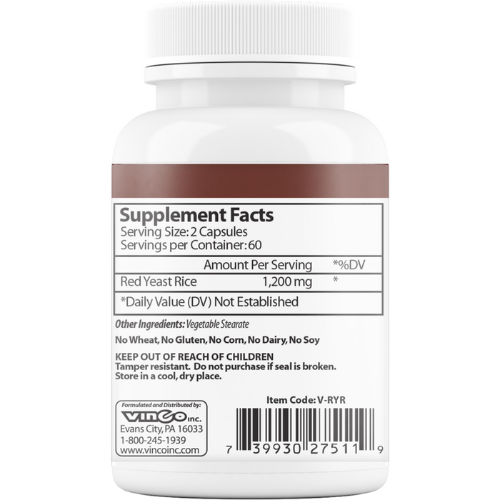 Vinco Red Yeast Rice 600 mg 120 capsules supplement facts label
