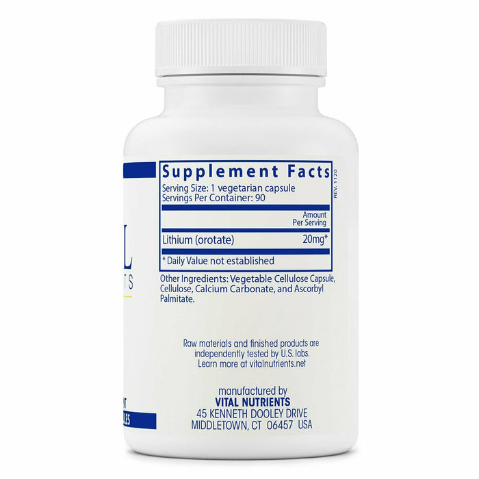 Vital Nutrients Lithium (orotate) 20 mg 90 veg capsules supplement facts label