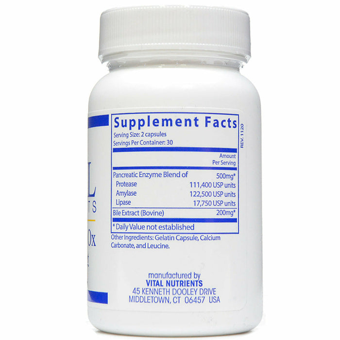 Vital Nutrients Pancreatin & Ox Bile Extract 60 veg capsules supplement facts label
