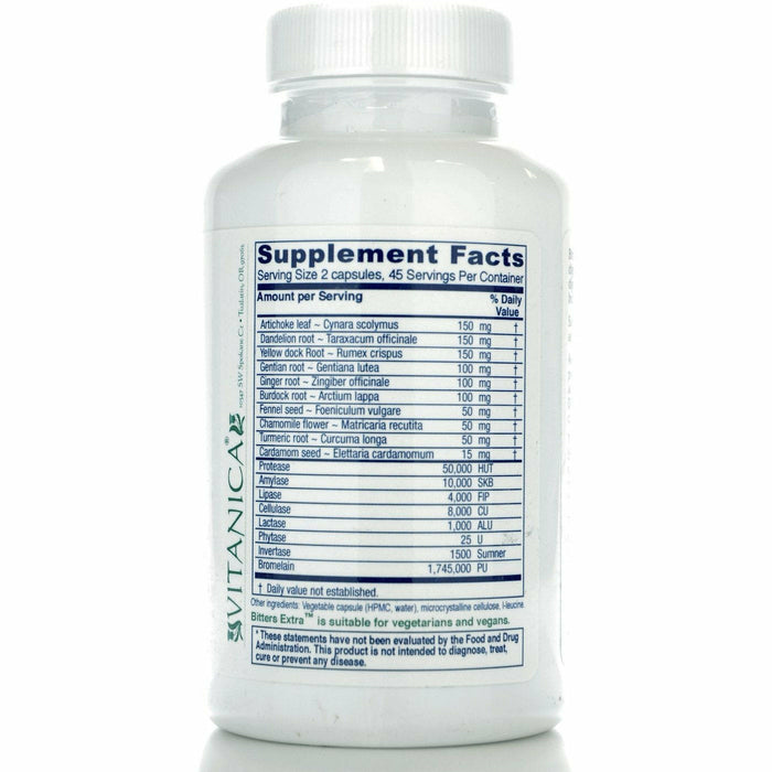 Vitanica Bitters Extra 90 veg capsules supplement facts label