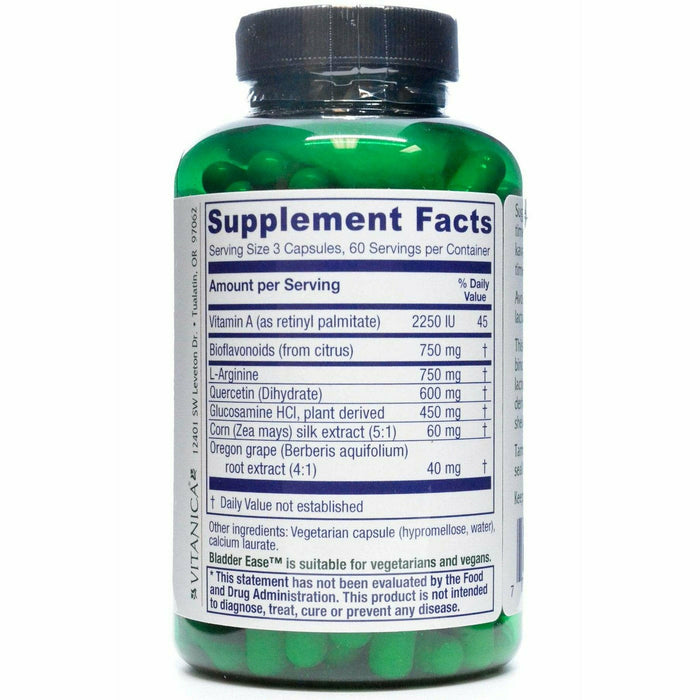 Vitanica Bladder Ease 180 veg capsules supplement facts label