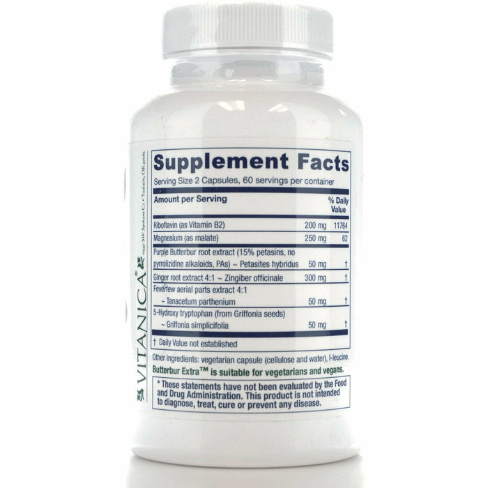 Vitanica Butterbur Extra 120 capsules supplement facts label