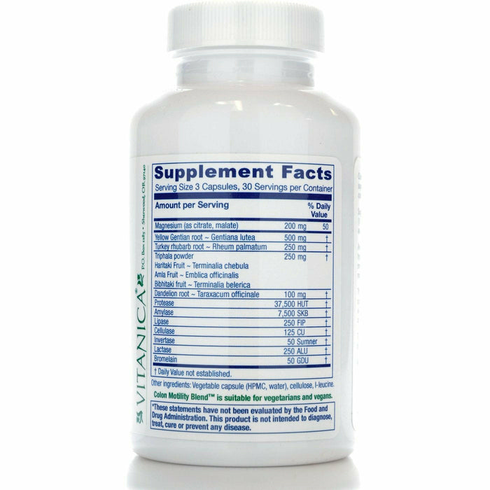 Vitanica Colon Motility Blend 90 veg capsules supplement facts label