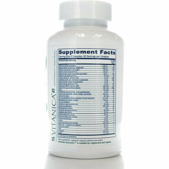 Vitanica FemTeen Symmetry 120 veg capsules supplement facts label