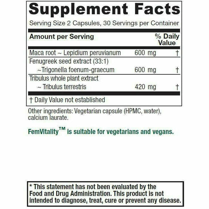 Vitanica FemVitality 60 veg capsules supplement facts label