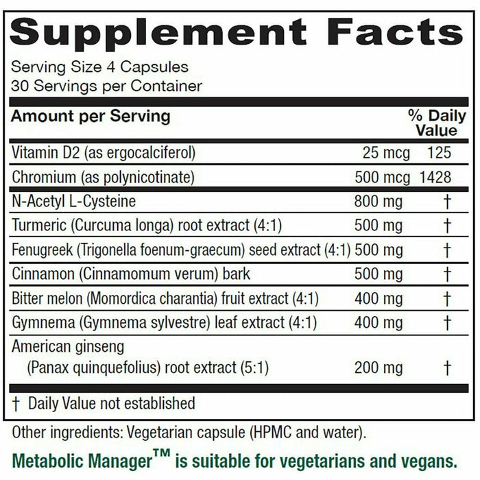 Vitanica Metabolic Manager 120 veg capsules supplement facts label