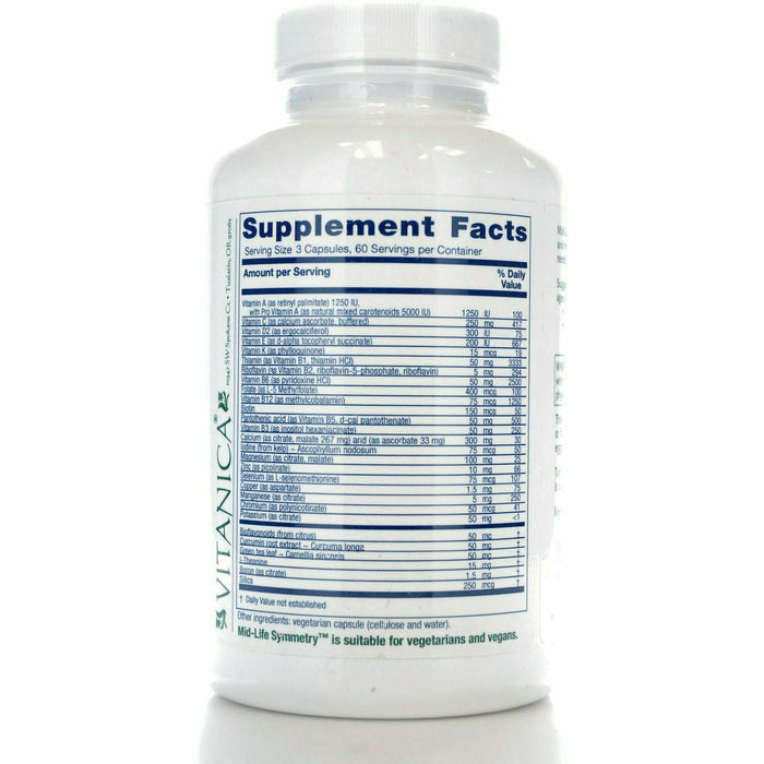 Vitanica Mid-Life Symmetry 180 veg capsules supplement facts label