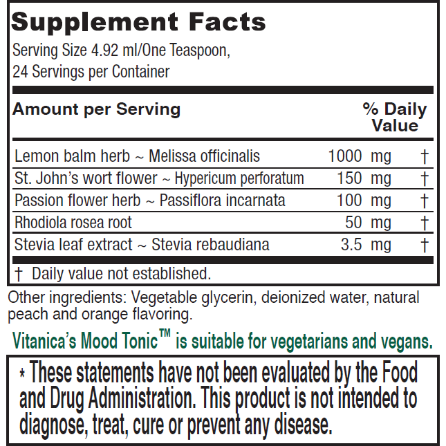 Vitanica Mood Tonic 4 fl oz supplement facts label