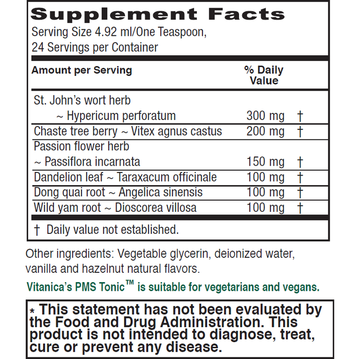 Vitanica PMS Tonic 4 fl oz supplement facts label