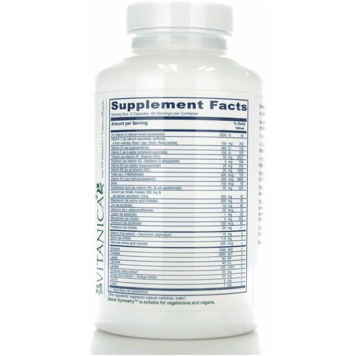 Vitanica Senior Symmetry 180 veg capsules supplement facts label