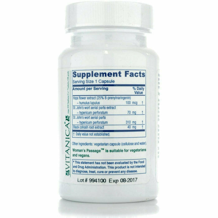 Vitanica Woman's Passage 30 veg capsules supplement facts label
