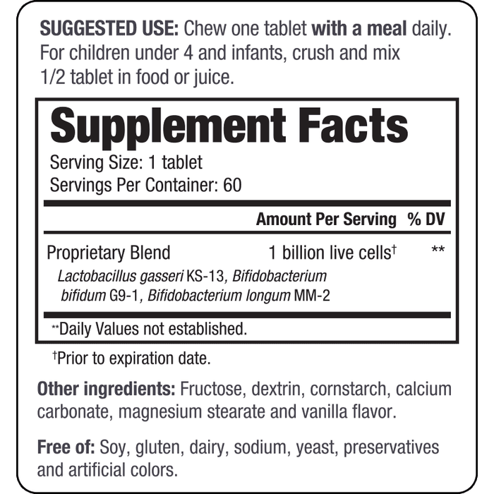 Wakunaga Kyo-Dophilus Kids Probiotic Vanilla Chewables 60 chewable tablets supplement facts label
