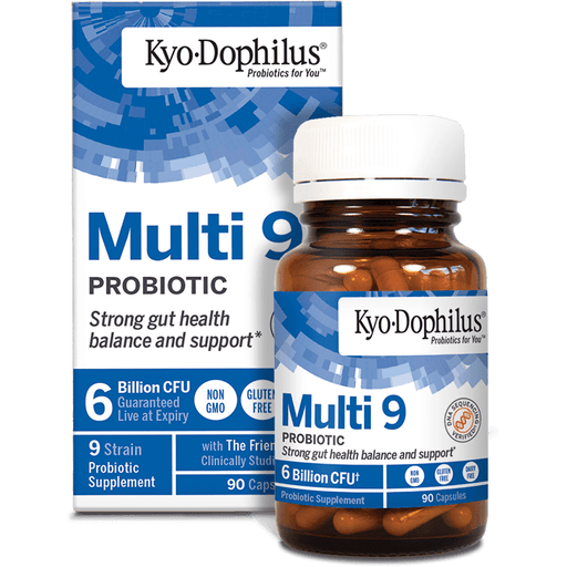 Wakunaga Kyo-Dophilus Multi 9 Probiotic, 90 capsules, front of box and bottle