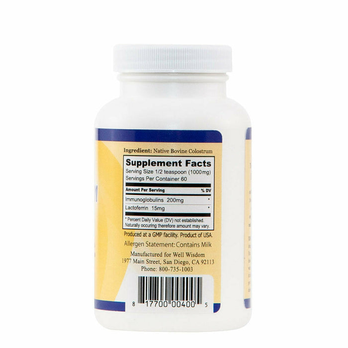 Well Wisdom Bioactive Colostrum Powder 60 g supplement facts label
