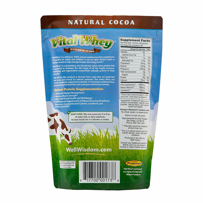Well Wisdom Vital Whey, Natural Cocoa 2.5 lb supplement facts label