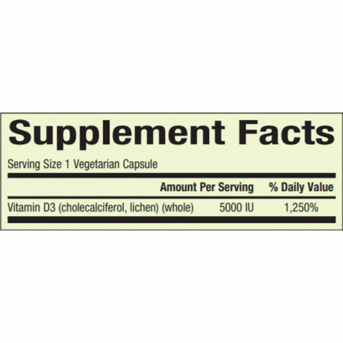 Whole Earth & Sea, Vegan Bioenhanced Vitamin D3 5000 IU 60 vegetarian capsules Supplement Facts Label