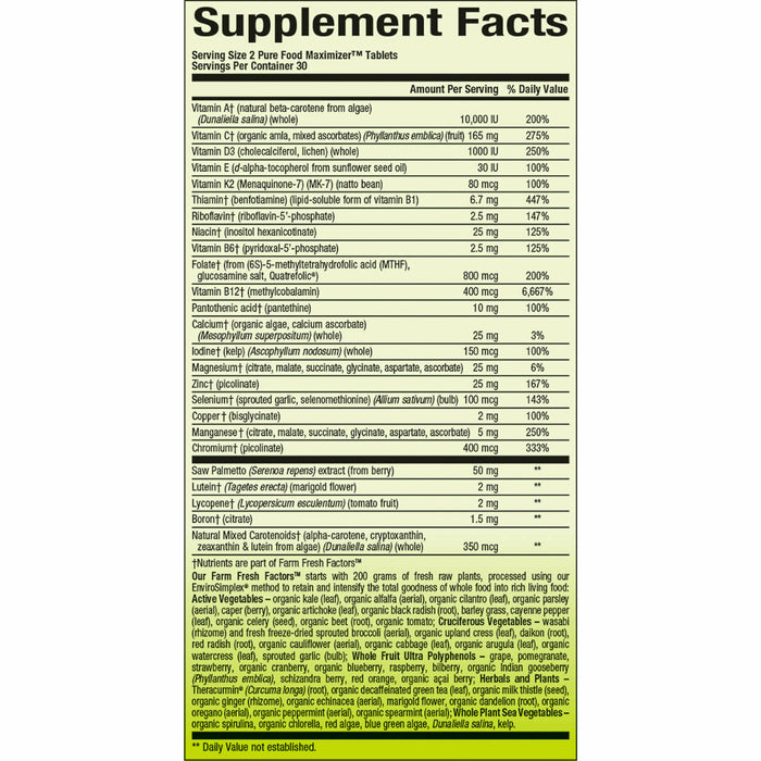 Whole Earth & Sea, Men's 50+ Multivitamin & Mineral (Non-GMO) 60 tablets Supplement Facts Label