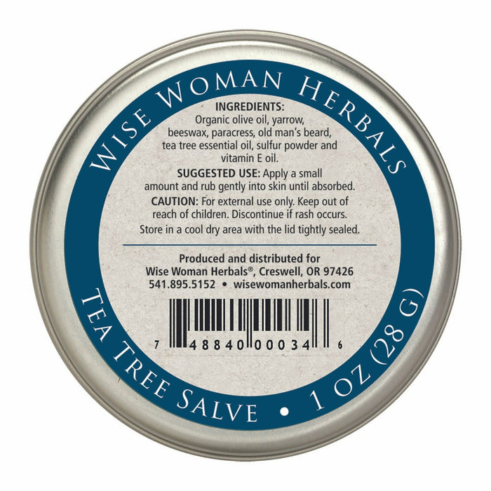 Wise Woman Herbals Tea Tree Salve 1 oz suggested use label