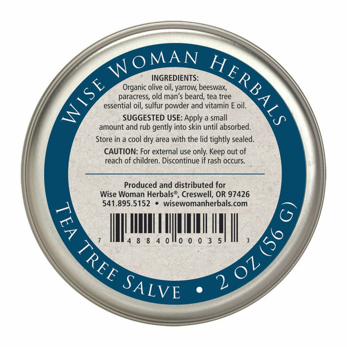 Wise Woman Herbals Tea Tree Salve 2 oz suggested use label