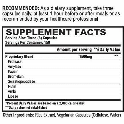 World Nutrition Vitalzym Systemic Enzymes 90 vegetarian capsules supplement facts label