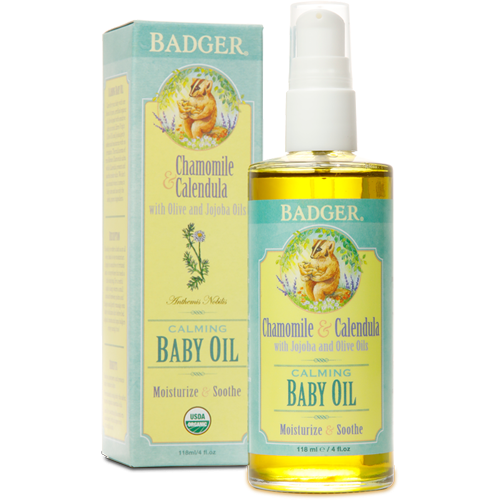 W.S. Badger Calming Baby Oil, 4 fl oz, front of glass pump bottle with box