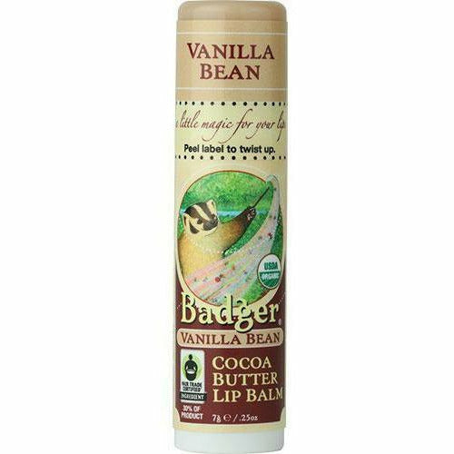 W.S. Badger Cocoa Butter Lip Balm, Vanilla Bean, 0.25 oz, front of lip balm tube