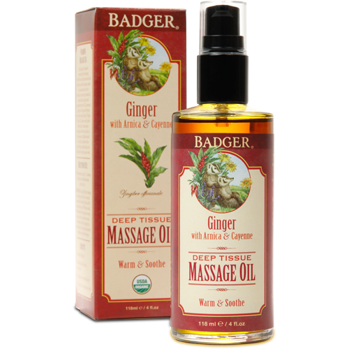 W.S. Badger Deep Tissue Massage Oil with Ginger, 4 fl oz, front of pump bottle with box