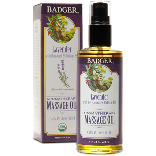 W.S. Badger Lavender Massage Oil, 4 fl oz, front of pump bottle with box